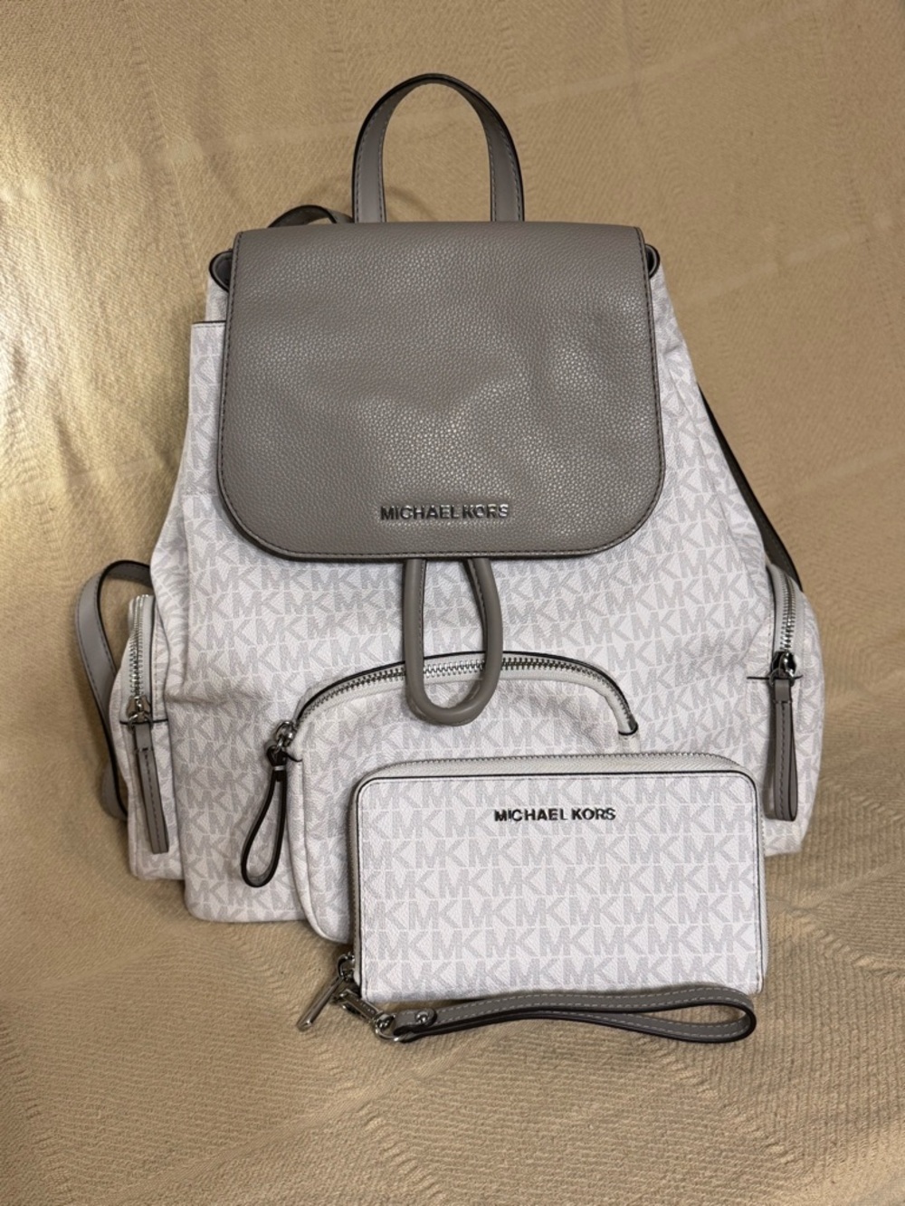 Michael Kors Gray and White Logo Backpack with Matching Wristlet